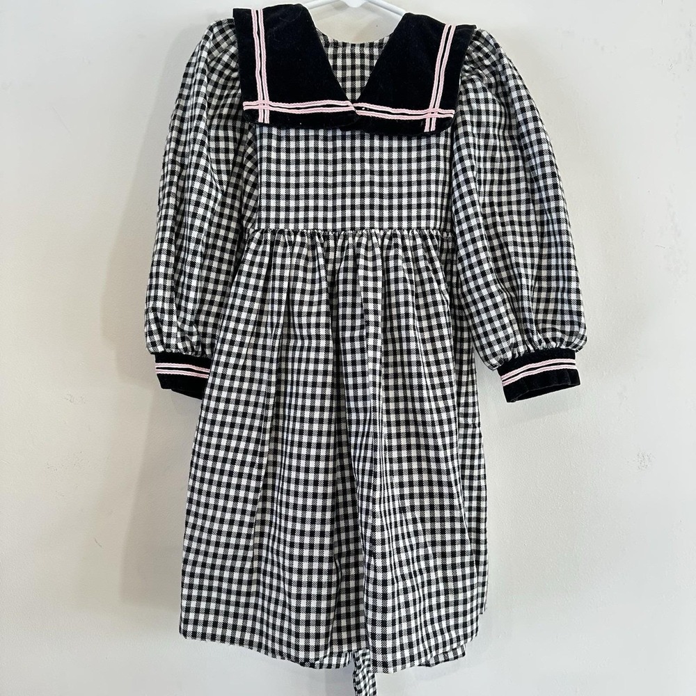 VTG 90's Debut Girls 4T Toddler Dress Checkered Black White Collar‎ Pink Tie